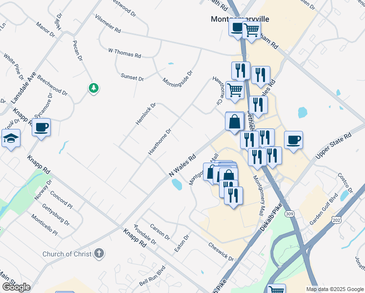 map of restaurants, bars, coffee shops, grocery stores, and more near 109 Azalea Place in North Wales