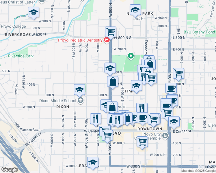 map of restaurants, bars, coffee shops, grocery stores, and more near 385 North 500 West Street in Provo