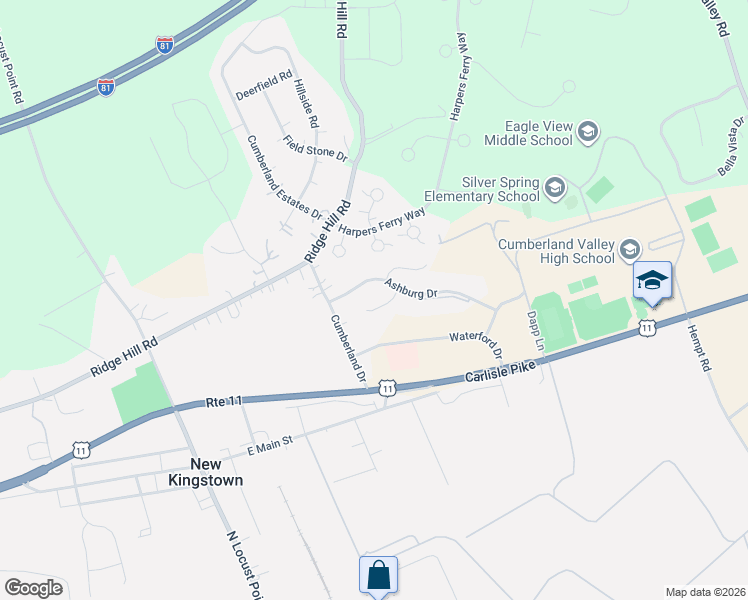 map of restaurants, bars, coffee shops, grocery stores, and more near 13 Ashburg Drive in Mechanicsburg