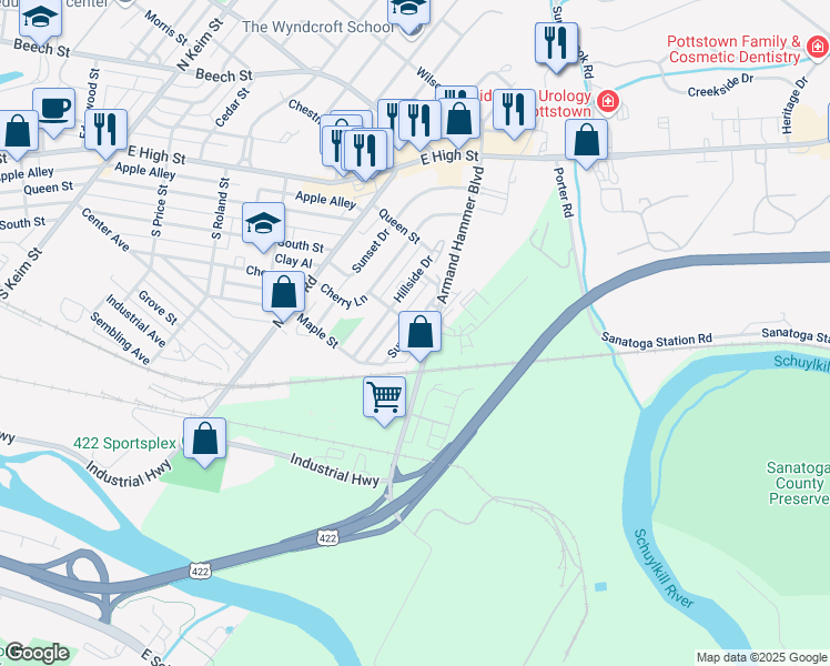 map of restaurants, bars, coffee shops, grocery stores, and more near 140 Sunrise Drive in Pottstown