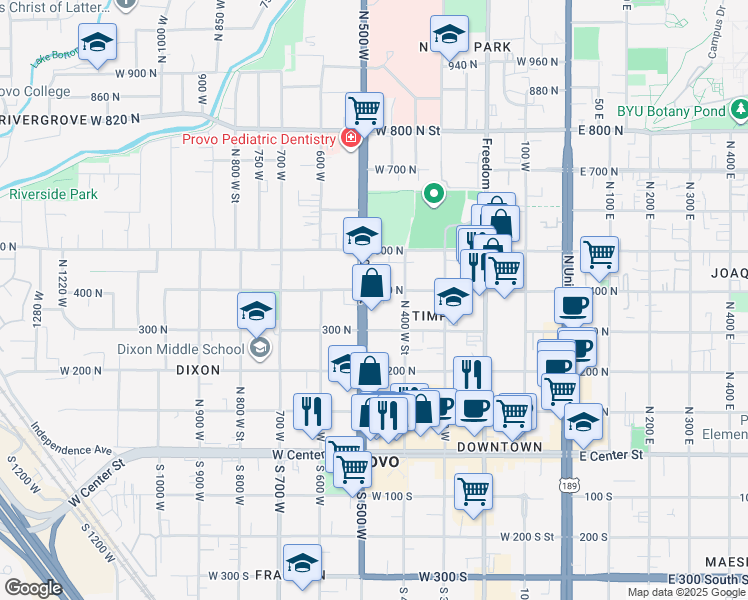 map of restaurants, bars, coffee shops, grocery stores, and more near 374 North 500 West in Provo