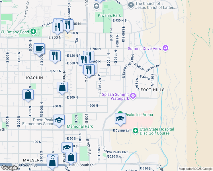 map of restaurants, bars, coffee shops, grocery stores, and more near 380 North 1020 East Street in Provo