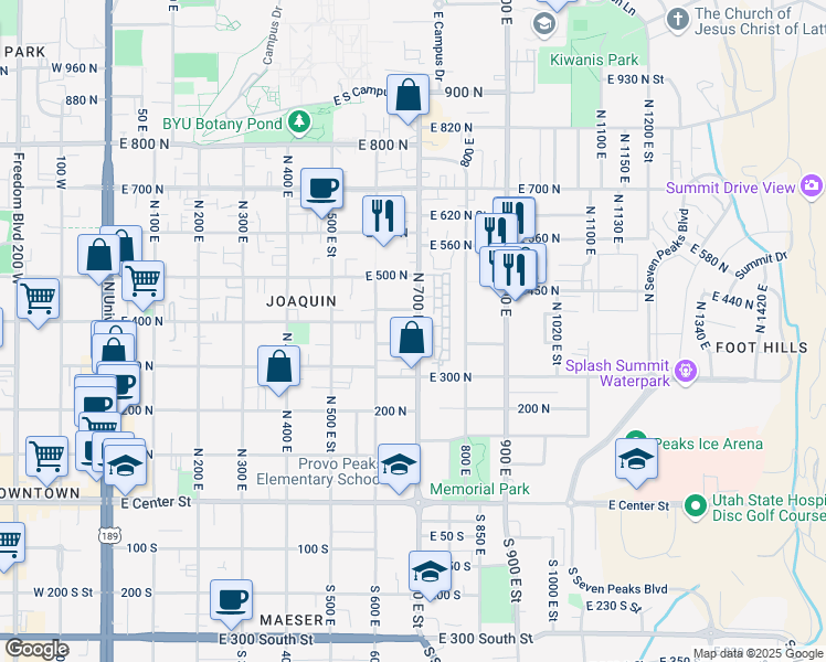 map of restaurants, bars, coffee shops, grocery stores, and more near 392 700 East in Provo