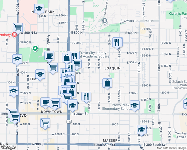 map of restaurants, bars, coffee shops, grocery stores, and more near 260 East 400 North in Provo