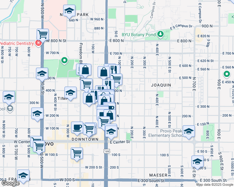 map of restaurants, bars, coffee shops, grocery stores, and more near 88 East 400 North in Provo