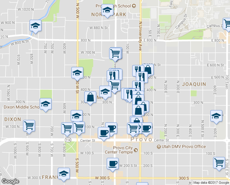 map of restaurants, bars, coffee shops, grocery stores, and more near 156 400 North in Provo