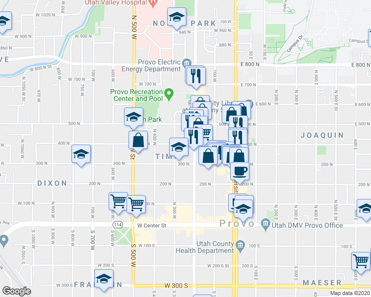 map of restaurants, bars, coffee shops, grocery stores, and more near 233 400 North in Provo