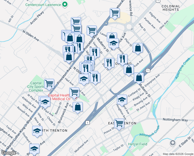 map of restaurants, bars, coffee shops, grocery stores, and more near 731 Spruce Street in Trenton