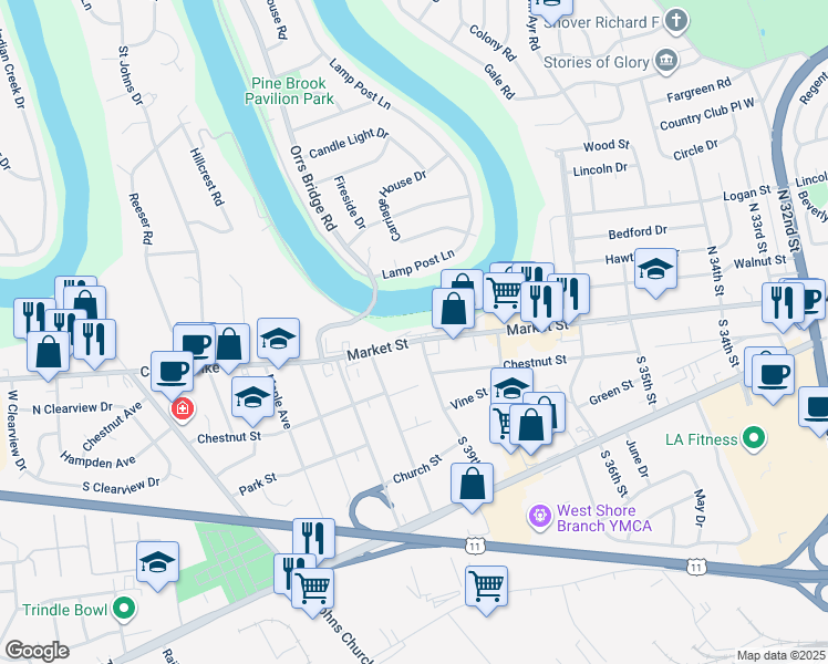 map of restaurants, bars, coffee shops, grocery stores, and more near 3900 Market Street in Camp Hill