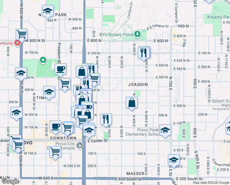map of restaurants, bars, coffee shops, grocery stores, and more near 260 East 400 North in Provo