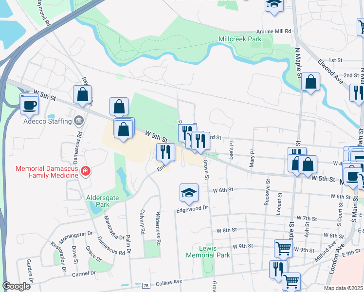 map of restaurants, bars, coffee shops, grocery stores, and more near West 5th Street in Marysville