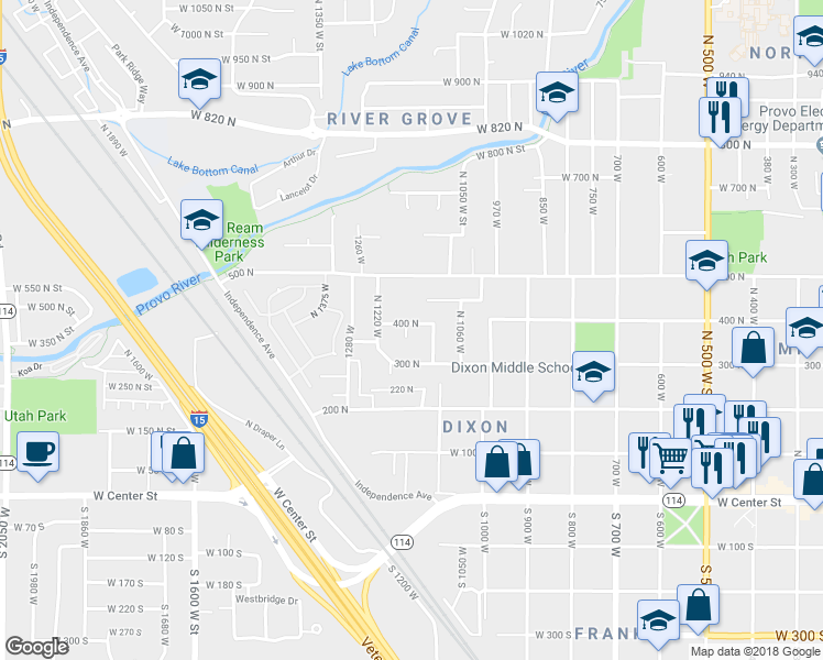 map of restaurants, bars, coffee shops, grocery stores, and more near 366 North 1170 West Street in Provo