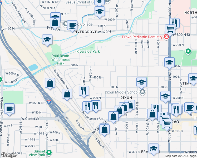 map of restaurants, bars, coffee shops, grocery stores, and more near 366 North 1170 West Street in Provo