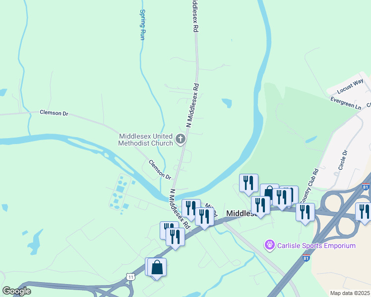 map of restaurants, bars, coffee shops, grocery stores, and more near 117 North Middlesex Road in Carlisle