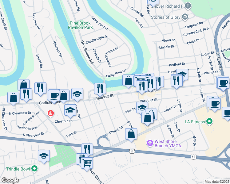 map of restaurants, bars, coffee shops, grocery stores, and more near 3900 Market Street in Camp Hill