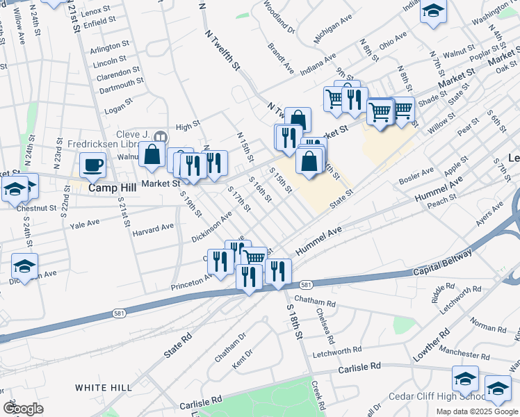 map of restaurants, bars, coffee shops, grocery stores, and more near 125 South 17th Street in Camp Hill