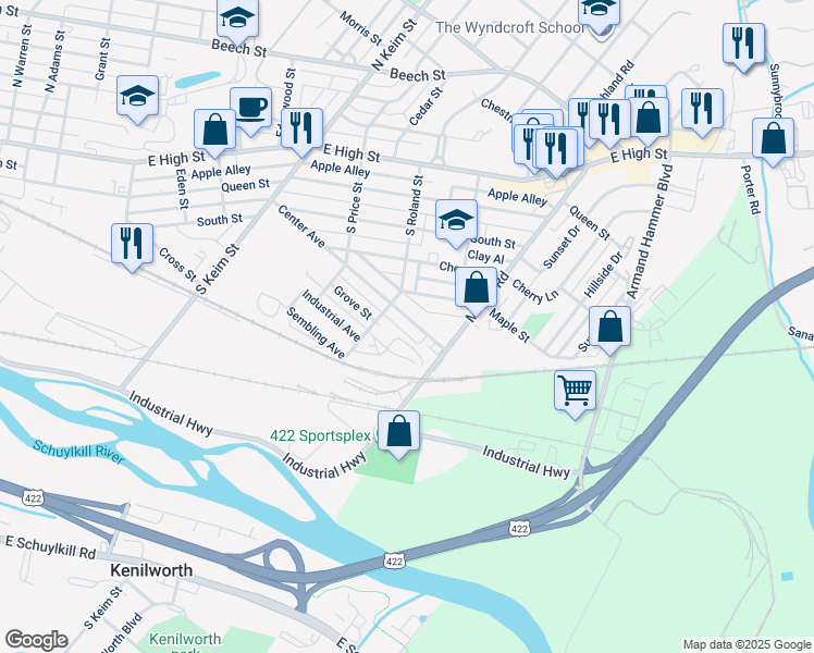 map of restaurants, bars, coffee shops, grocery stores, and more near 1228 Center Avenue in Pottstown