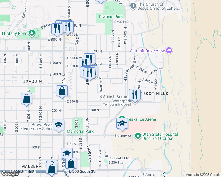 map of restaurants, bars, coffee shops, grocery stores, and more near 380 North 1020 East Street in Provo
