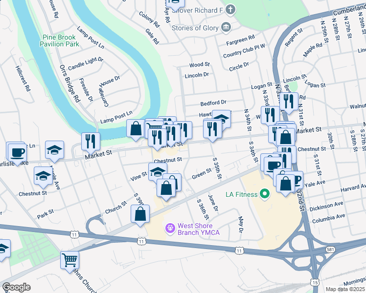 map of restaurants, bars, coffee shops, grocery stores, and more near 3601 Market Street in Camp Hill