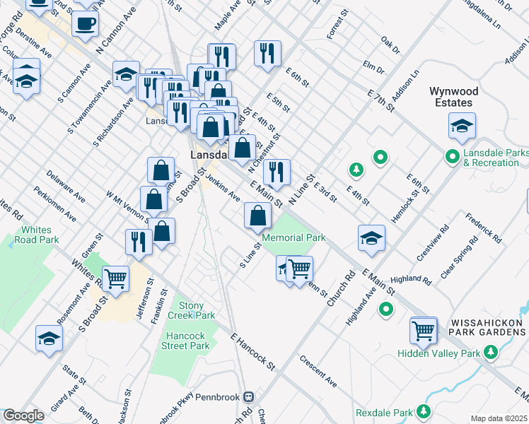 map of restaurants, bars, coffee shops, grocery stores, and more near 159 Jenkins Avenue in Lansdale