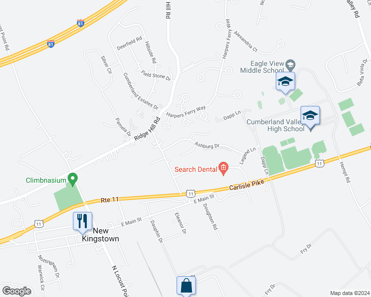 map of restaurants, bars, coffee shops, grocery stores, and more near 16 Lismore Place in Mechanicsburg