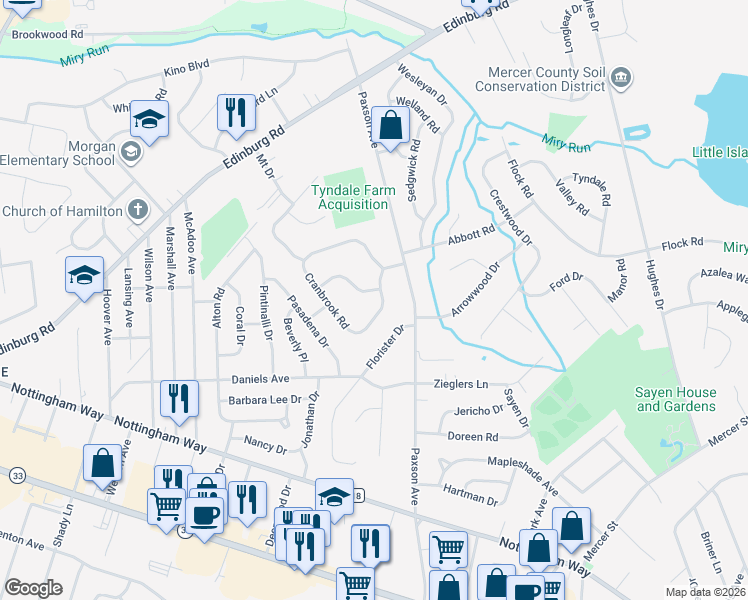map of restaurants, bars, coffee shops, grocery stores, and more near 81 Cranbrook Road in Hamilton Township