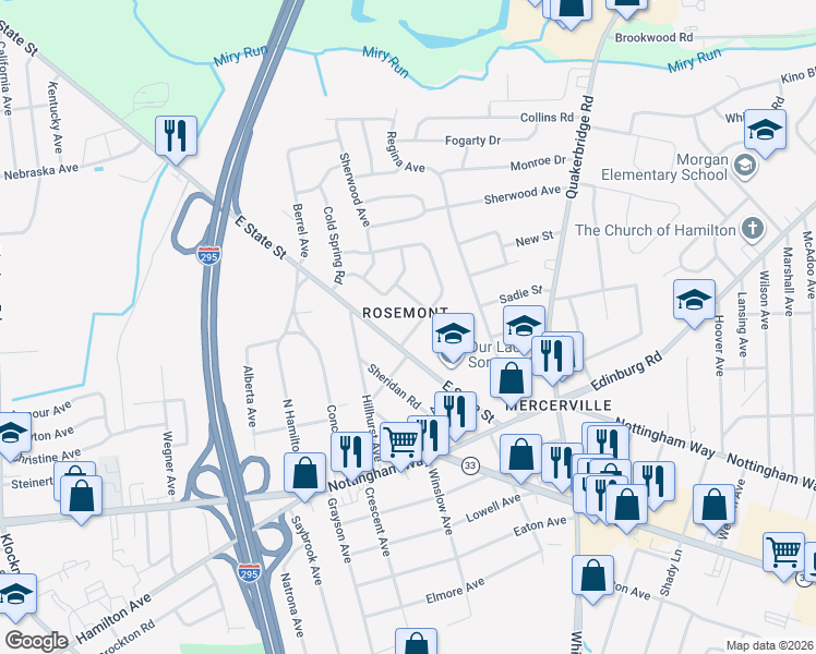 map of restaurants, bars, coffee shops, grocery stores, and more near 5 Hollynoll Drive in Hamilton Township