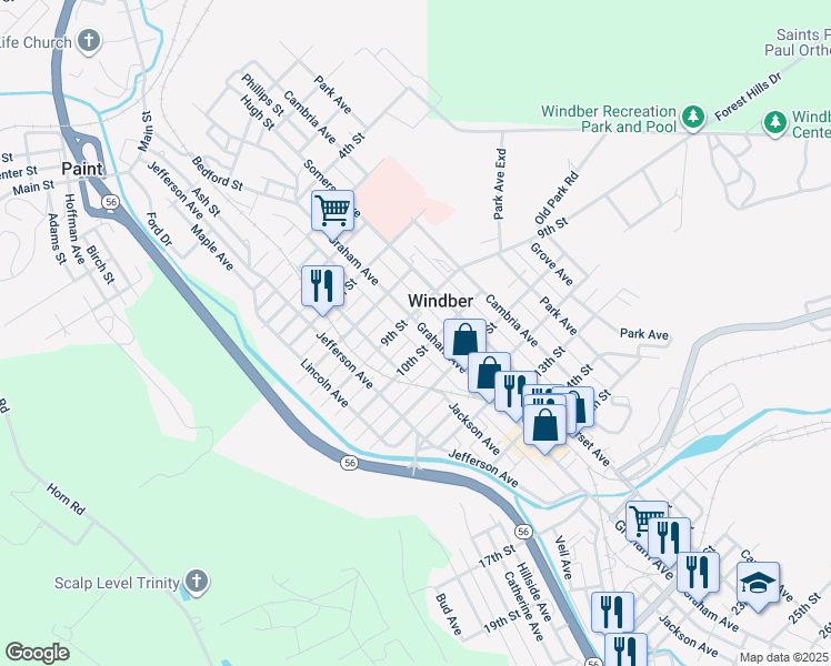 map of restaurants, bars, coffee shops, grocery stores, and more near 910 Graham Avenue in Windber