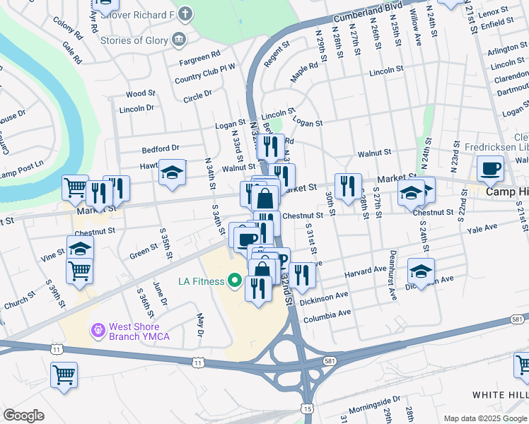 map of restaurants, bars, coffee shops, grocery stores, and more near 28 South 32nd Street in Camp Hill