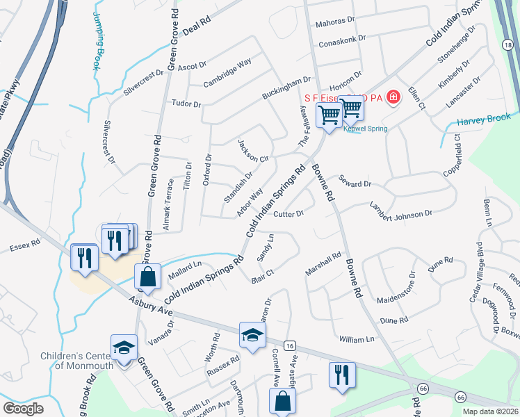 map of restaurants, bars, coffee shops, grocery stores, and more near 131 Cold Indian Springs Road in Monmouth County