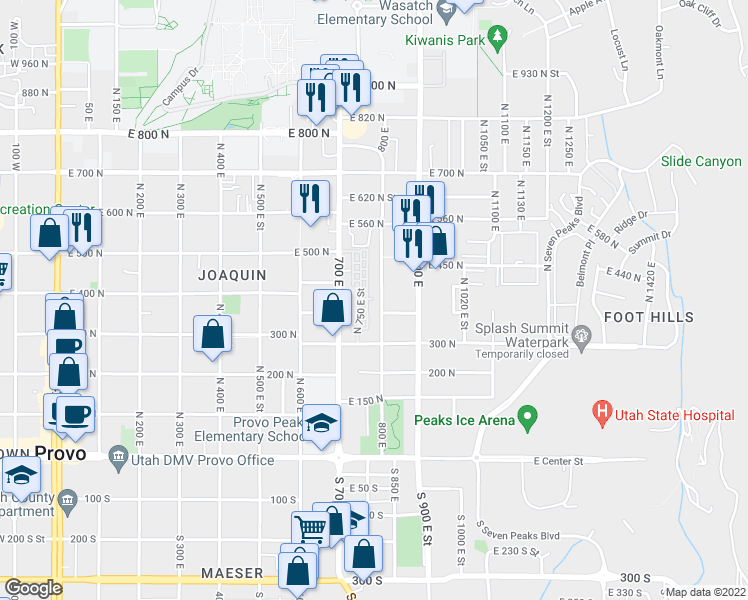 map of restaurants, bars, coffee shops, grocery stores, and more near 383 800 East in Provo