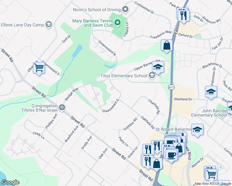 map of restaurants, bars, coffee shops, grocery stores, and more near 2385 Greensward North in Warrington