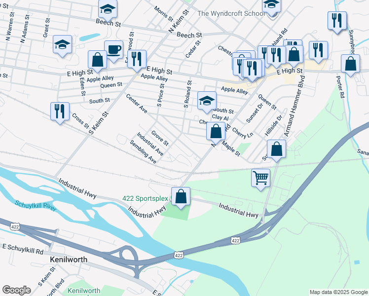 map of restaurants, bars, coffee shops, grocery stores, and more near 1228 Center Avenue in Pottstown