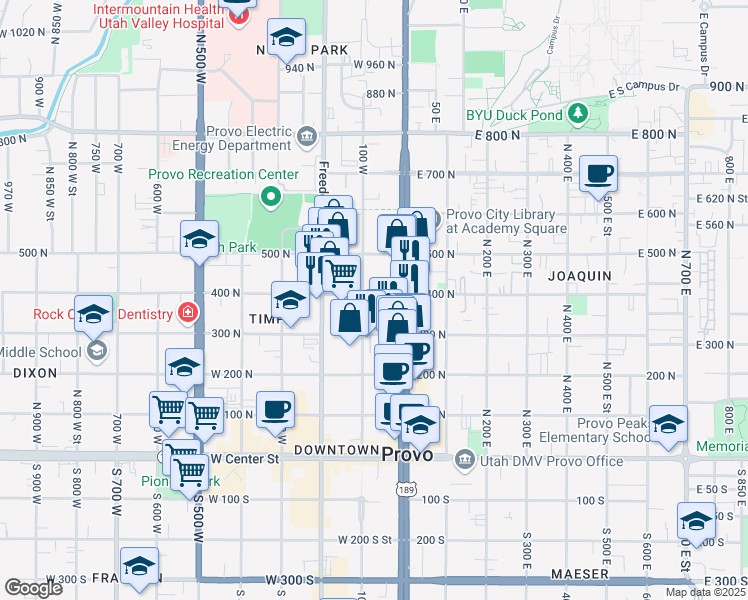 map of restaurants, bars, coffee shops, grocery stores, and more near 396 100 West in Provo