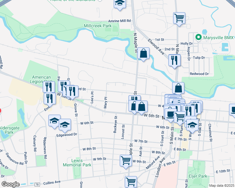 map of restaurants, bars, coffee shops, grocery stores, and more near 599 West 3rd Street in Marysville