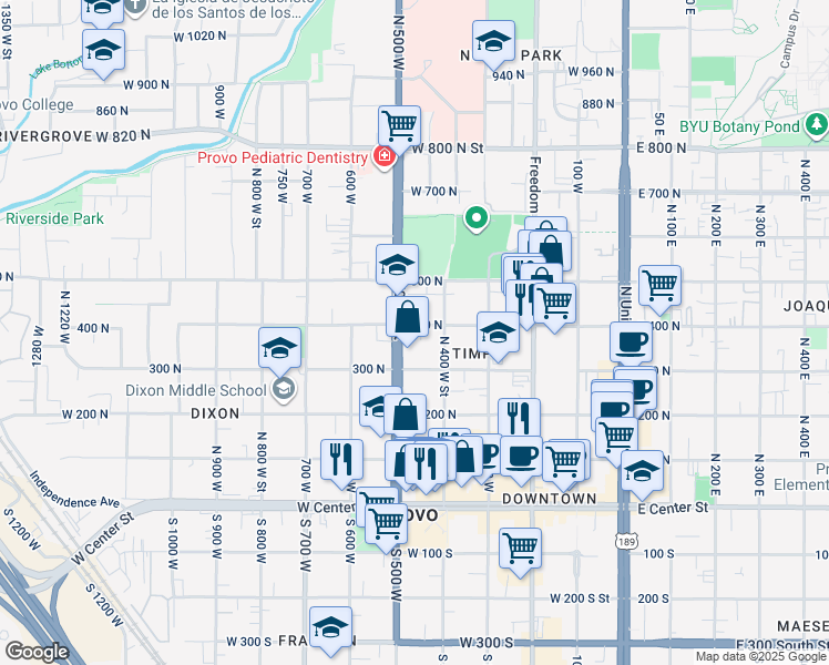 map of restaurants, bars, coffee shops, grocery stores, and more near 487 400 North in Provo