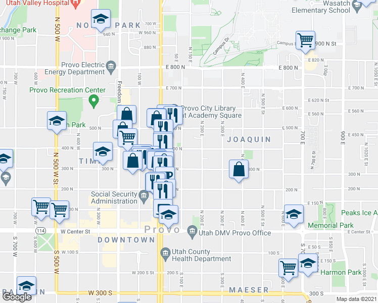 map of restaurants, bars, coffee shops, grocery stores, and more near 136 East 400 North in Provo