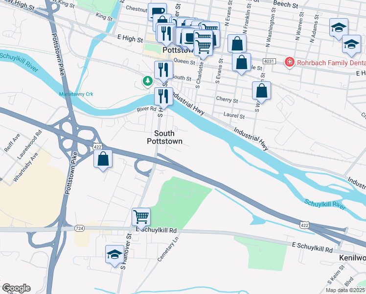 map of restaurants, bars, coffee shops, grocery stores, and more near 198 East Main Street in Pottstown