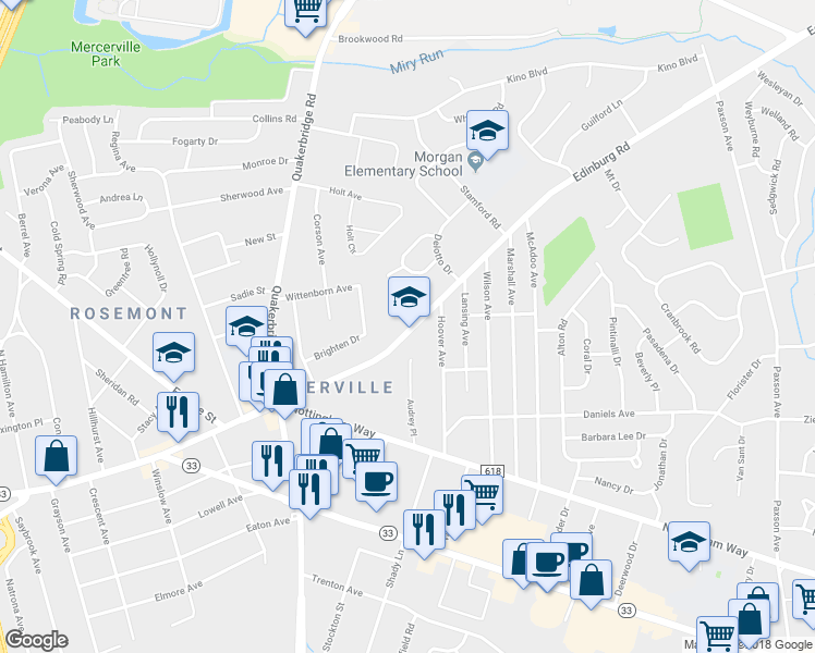 map of restaurants, bars, coffee shops, grocery stores, and more near 220 Edinburg Road in Trenton
