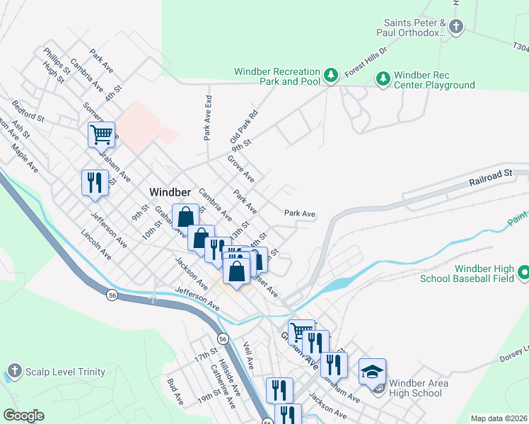 map of restaurants, bars, coffee shops, grocery stores, and more near 802 13th Street in Windber