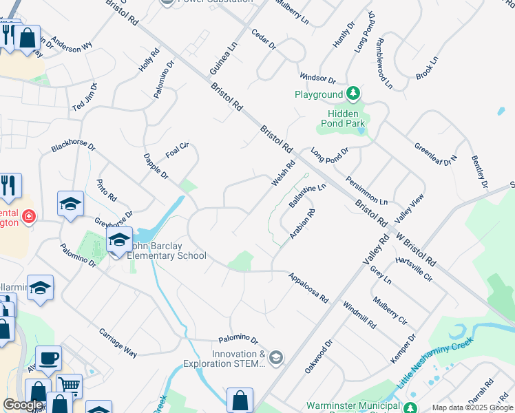 map of restaurants, bars, coffee shops, grocery stores, and more near 1255 Welsh Road in Warrington