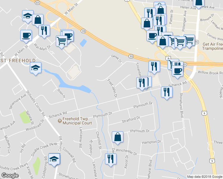 map of restaurants, bars, coffee shops, grocery stores, and more near 9 Fred Jahn Drive in Freehold