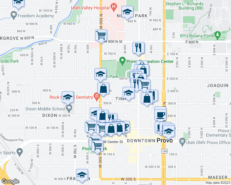 map of restaurants, bars, coffee shops, grocery stores, and more near 387 North 400 West Street in Provo
