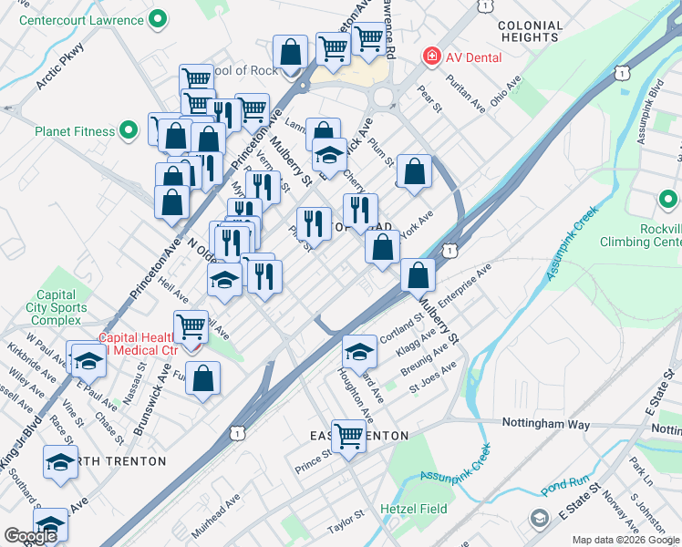 map of restaurants, bars, coffee shops, grocery stores, and more near 915 Pennsylvania Avenue in Trenton