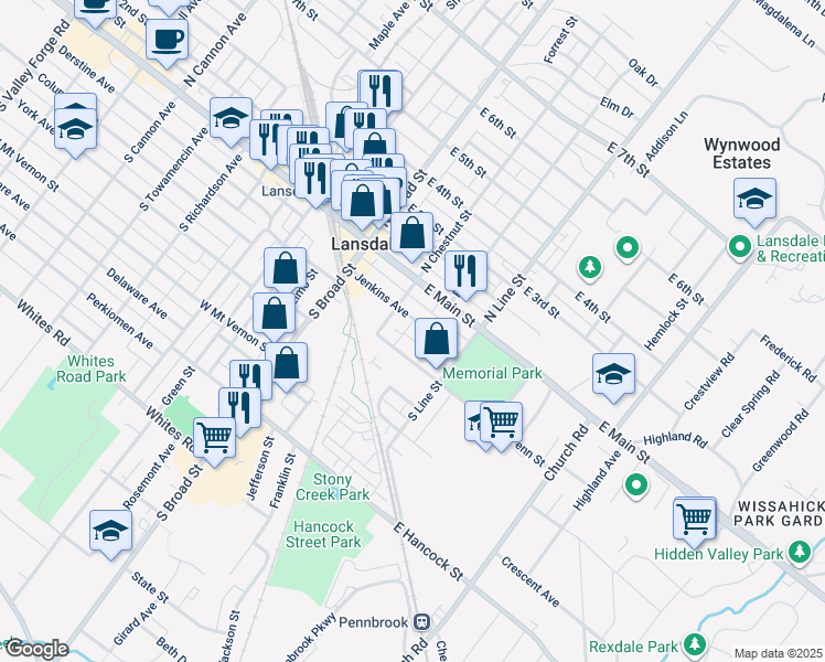 map of restaurants, bars, coffee shops, grocery stores, and more near 124 Jenkins Avenue in Lansdale