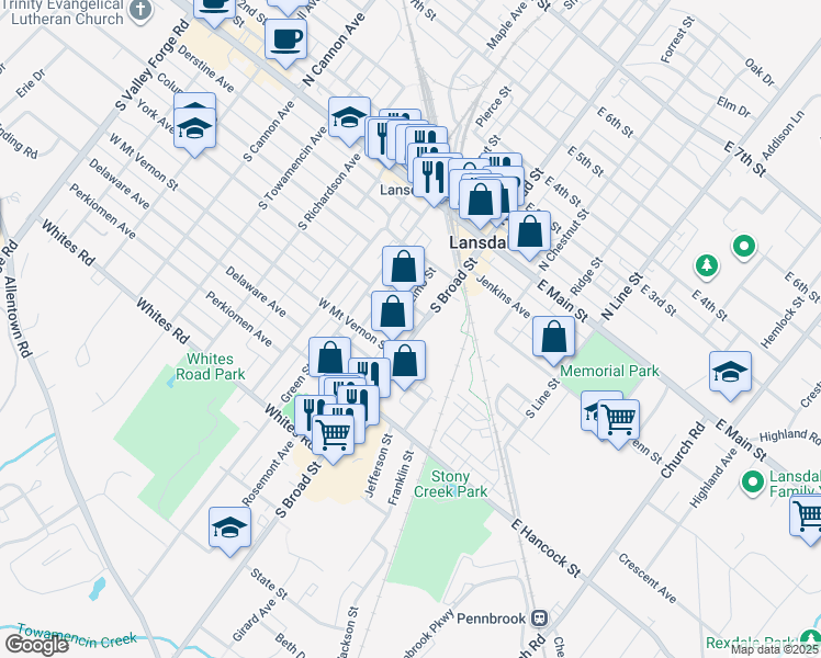 map of restaurants, bars, coffee shops, grocery stores, and more near 14 Lincoln Avenue in Lansdale
