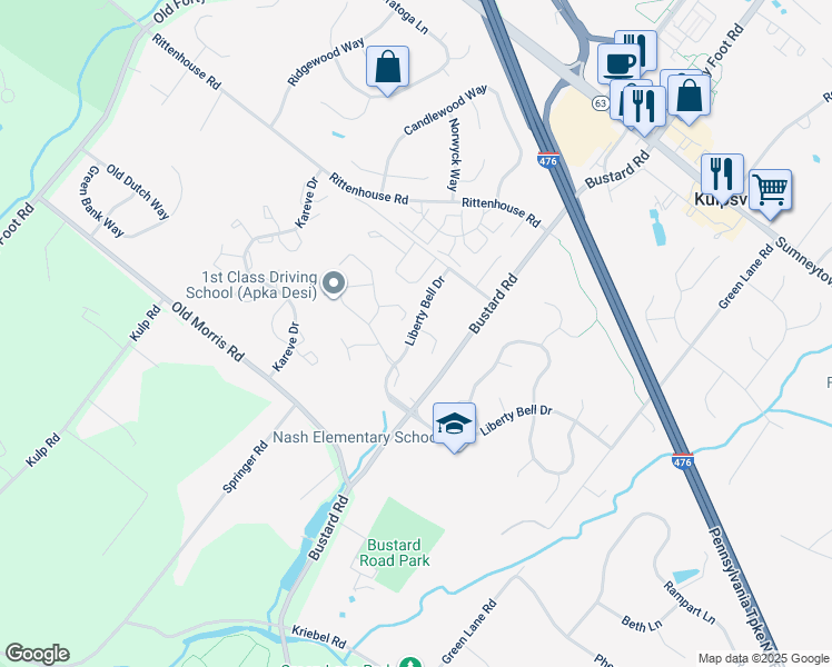 map of restaurants, bars, coffee shops, grocery stores, and more near 404 Revere Drive in Harleysville