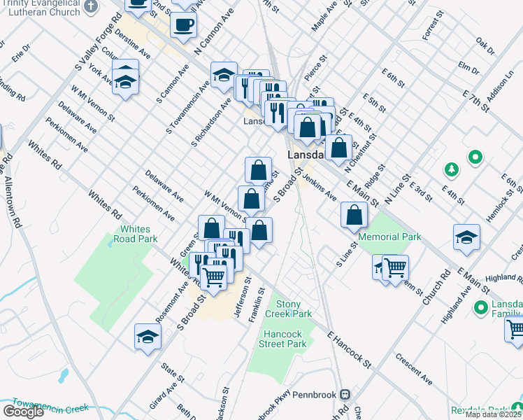 map of restaurants, bars, coffee shops, grocery stores, and more near 14 Lincoln Avenue in Lansdale