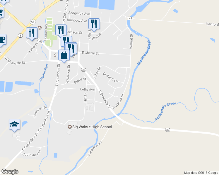 map of restaurants, bars, coffee shops, grocery stores, and more near 291 Mistletoe Court in Sunbury