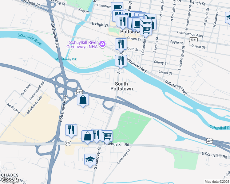 map of restaurants, bars, coffee shops, grocery stores, and more near 375 Coyne Alley in Pottstown